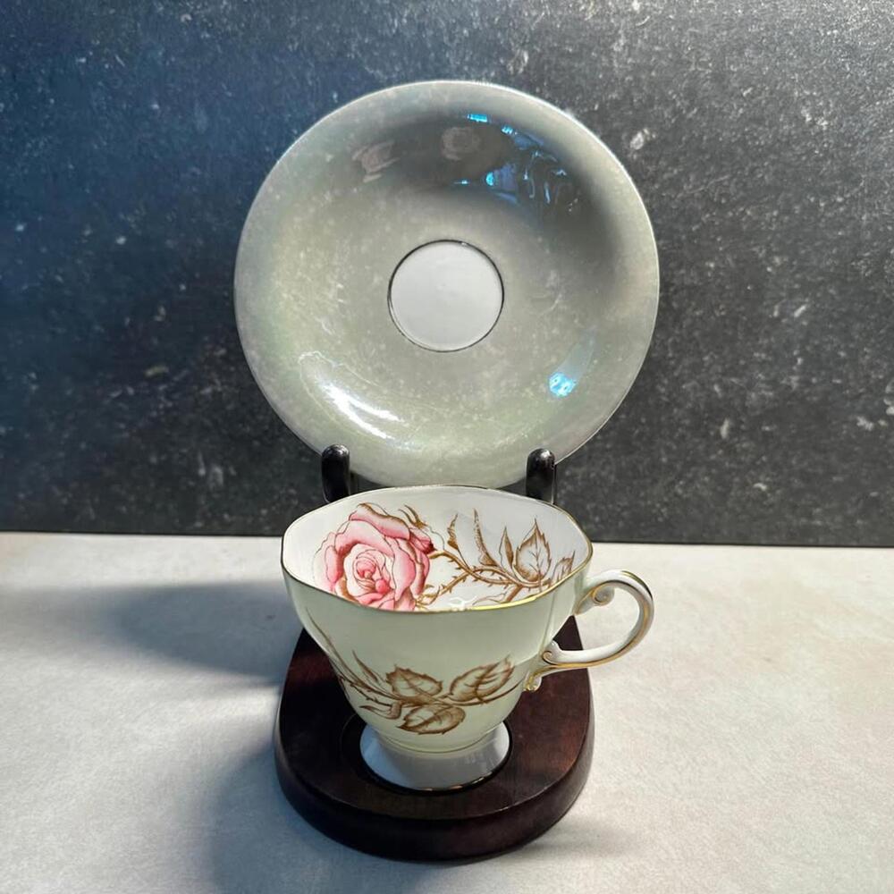 vintage Foley Shelley Tea cup and saucer green with pink roses #3255